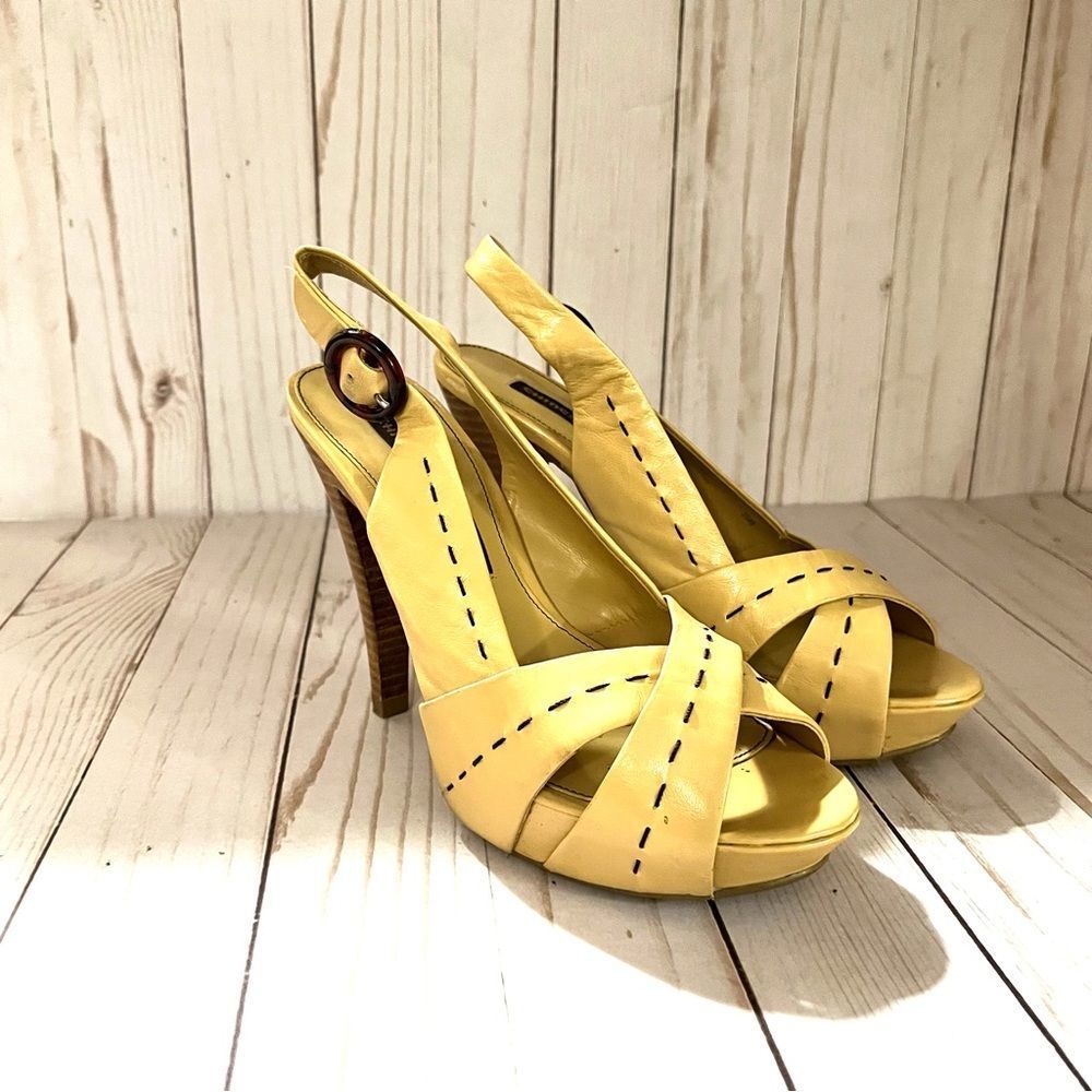Chinese Laundry Yellow Tan Slingback Heels with Brown Pickstitch Size 7